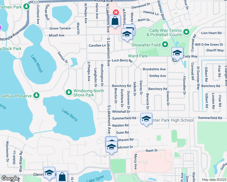 map of restaurants, bars, coffee shops, grocery stores, and more near 641 Brechin Drive in Winter Park