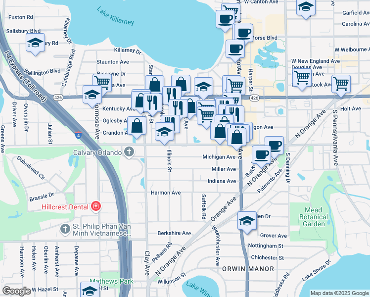 map of restaurants, bars, coffee shops, grocery stores, and more near 1534 Michigan Avenue in Winter Park
