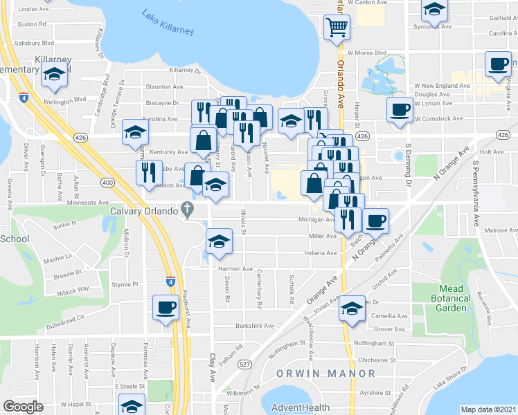 map of restaurants, bars, coffee shops, grocery stores, and more near 1534 Michigan Avenue in Winter Park