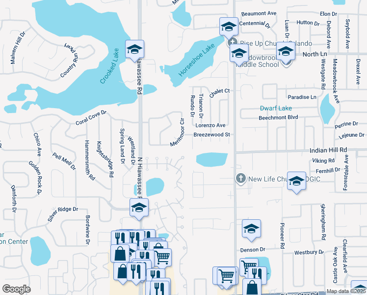 map of restaurants, bars, coffee shops, grocery stores, and more near 6747 Meritmoor Circle in Orlando