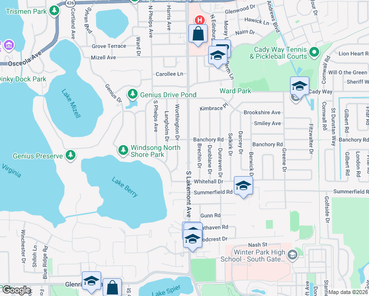 map of restaurants, bars, coffee shops, grocery stores, and more near 617 South Lakemont Avenue in Winter Park