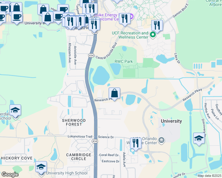 map of restaurants, bars, coffee shops, grocery stores, and more near 12001 Research Parkway in Orlando