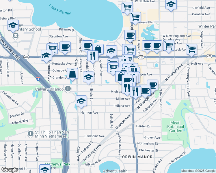 map of restaurants, bars, coffee shops, grocery stores, and more near 1442 Michigan Avenue in Winter Park