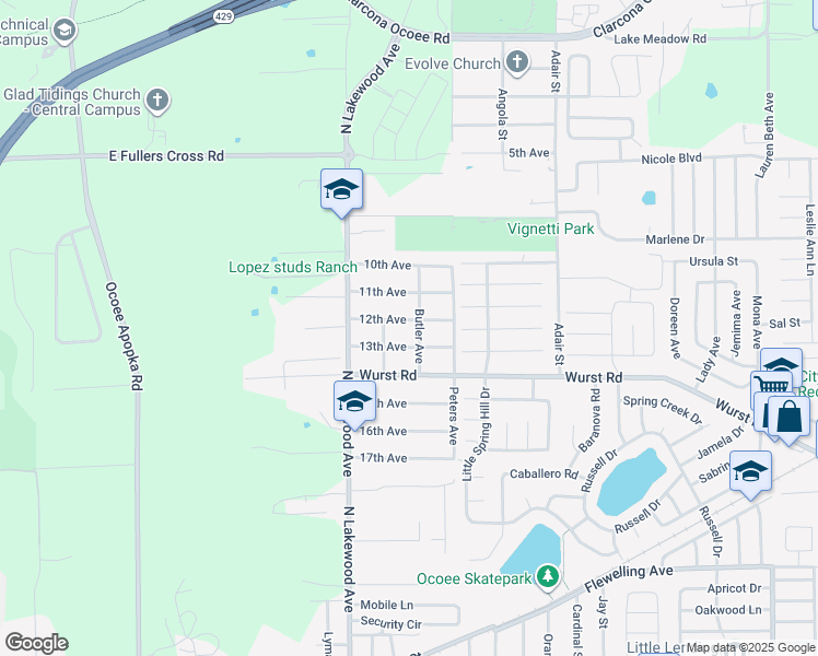 map of restaurants, bars, coffee shops, grocery stores, and more near 236 13th Avenue in Ocoee