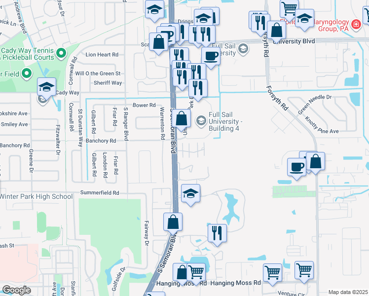 map of restaurants, bars, coffee shops, grocery stores, and more near 607 Saint Johns Court in Winter Park
