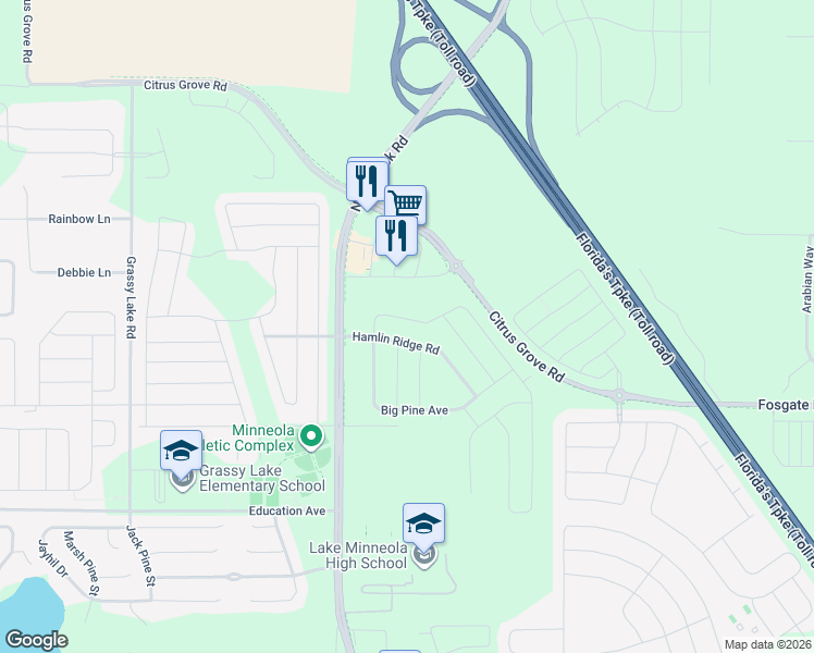 map of restaurants, bars, coffee shops, grocery stores, and more near Triple East Road in Clermont
