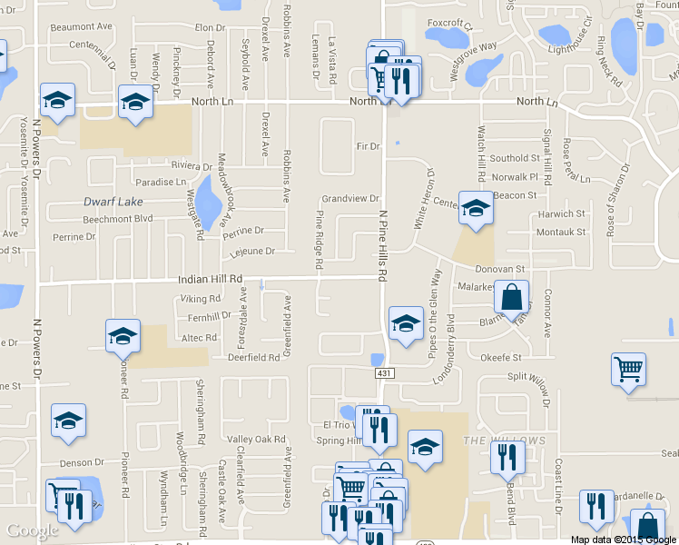 map of restaurants, bars, coffee shops, grocery stores, and more near 5305 Indian Hill Road in Orlando