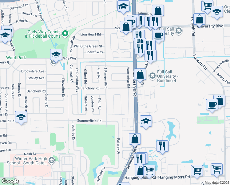map of restaurants, bars, coffee shops, grocery stores, and more near 2905 Banchory Road in Winter Park