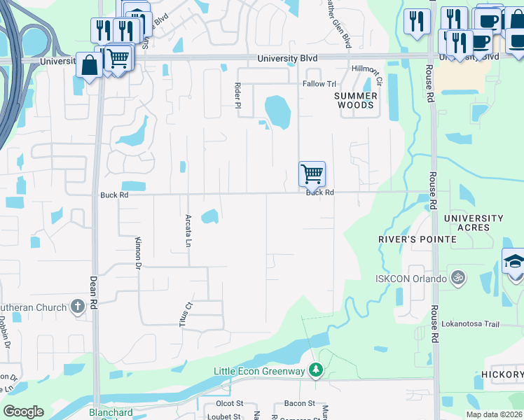 map of restaurants, bars, coffee shops, grocery stores, and more near 10418 Buck Road in Orlando
