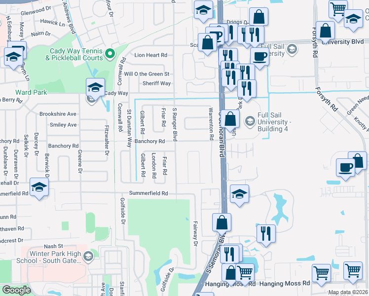 map of restaurants, bars, coffee shops, grocery stores, and more near 2905 Banchory Road in Winter Park