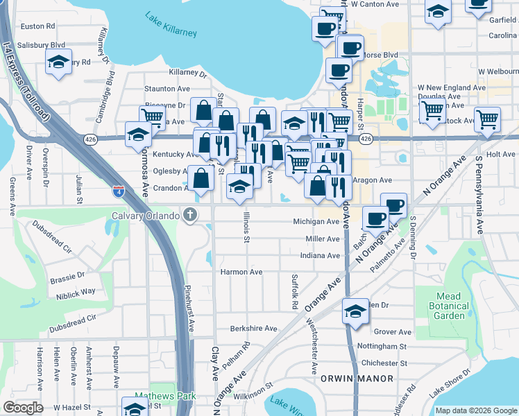 map of restaurants, bars, coffee shops, grocery stores, and more near 882 Jackson Avenue in Winter Park