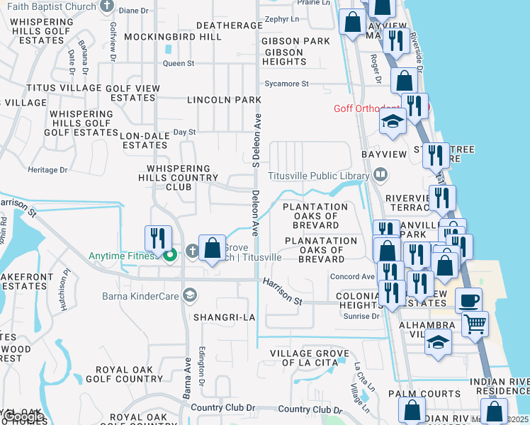map of restaurants, bars, coffee shops, grocery stores, and more near 1159 Macon Drive in Titusville