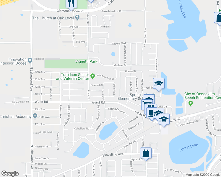 map of restaurants, bars, coffee shops, grocery stores, and more near 1509 Tangerwood Court in Ocoee