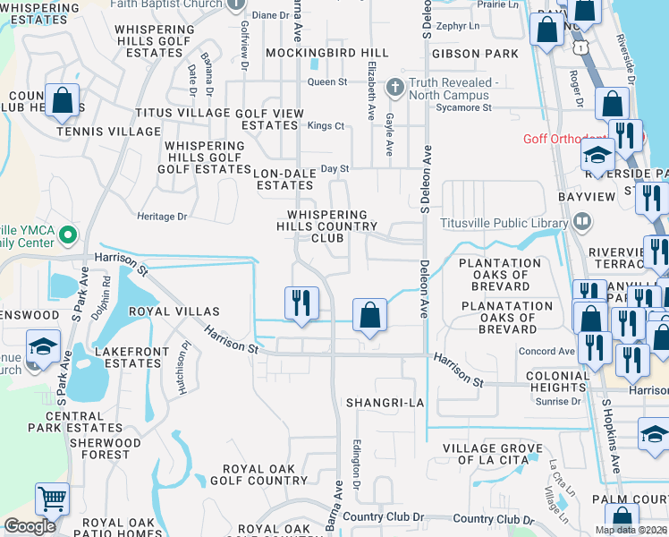 map of restaurants, bars, coffee shops, grocery stores, and more near 2160 White Sands Drive in Titusville