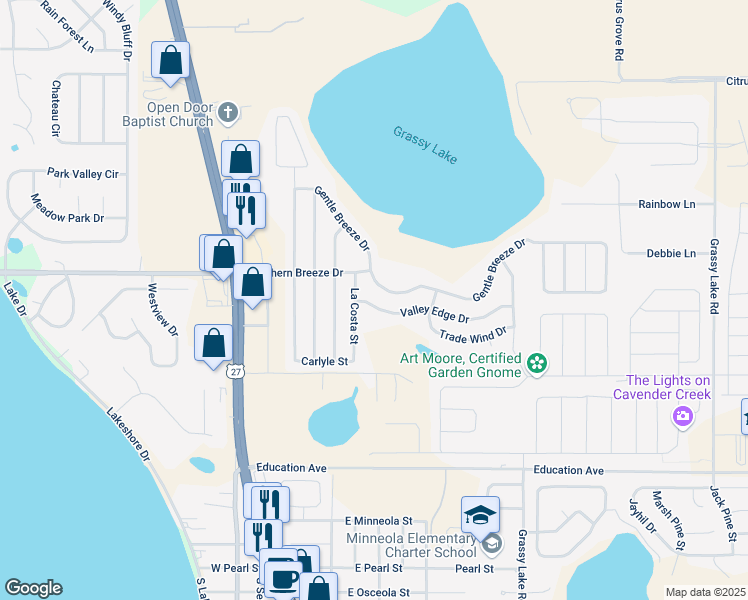 map of restaurants, bars, coffee shops, grocery stores, and more near 215 Valley Edge Drive in Minneola