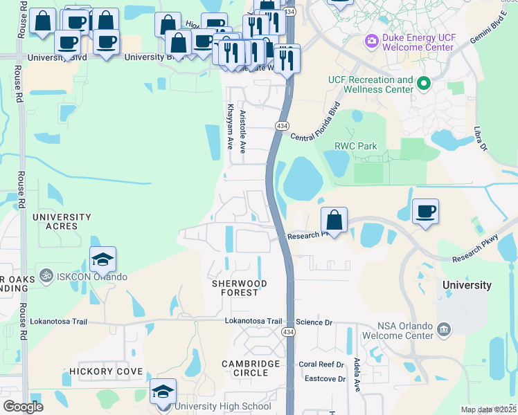 map of restaurants, bars, coffee shops, grocery stores, and more near 3536 Alafaya Commons Circle in Orlando
