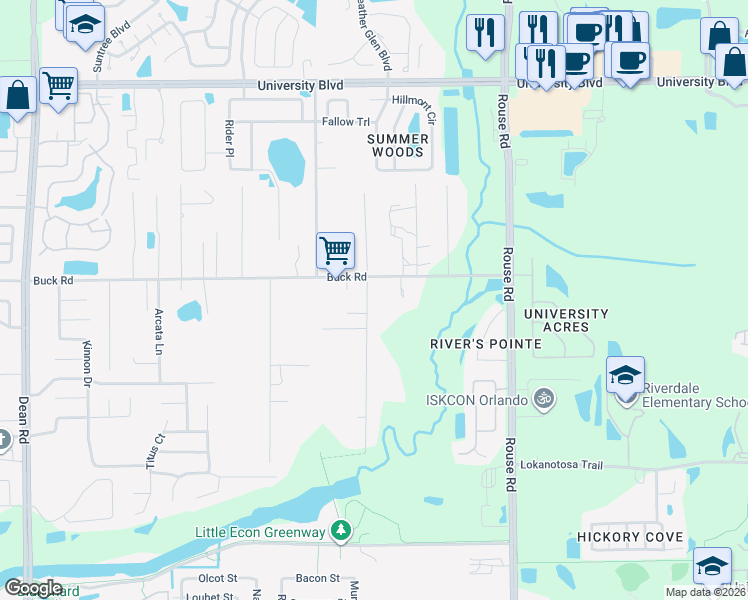 map of restaurants, bars, coffee shops, grocery stores, and more near 10736 Buck Road in Orlando