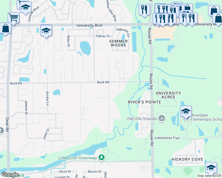 map of restaurants, bars, coffee shops, grocery stores, and more near 10736 Buck Road in Orlando
