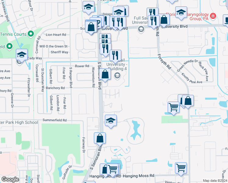 map of restaurants, bars, coffee shops, grocery stores, and more near 606 Grenadine Court in Winter Park