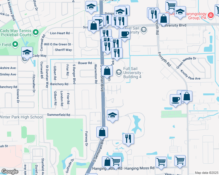 map of restaurants, bars, coffee shops, grocery stores, and more near 607 Saint Johns Court in Winter Park