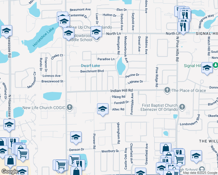 map of restaurants, bars, coffee shops, grocery stores, and more near 3704 Indian Woods Road in Orlando