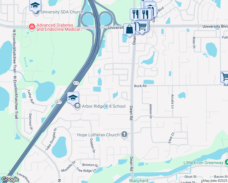 map of restaurants, bars, coffee shops, grocery stores, and more near 9920 Kona Isle Court in Orlando