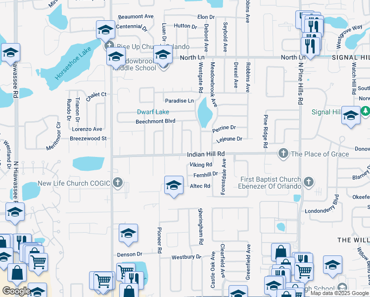 map of restaurants, bars, coffee shops, grocery stores, and more near 3704 Indian Woods Road in Orlando