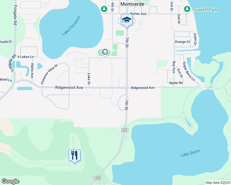 map of restaurants, bars, coffee shops, grocery stores, and more near 16824 Ridgewood Avenue in Montverde