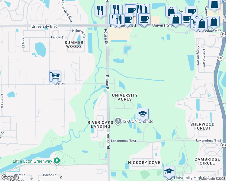map of restaurants, bars, coffee shops, grocery stores, and more near 2868 University Acres Drive in Orlando