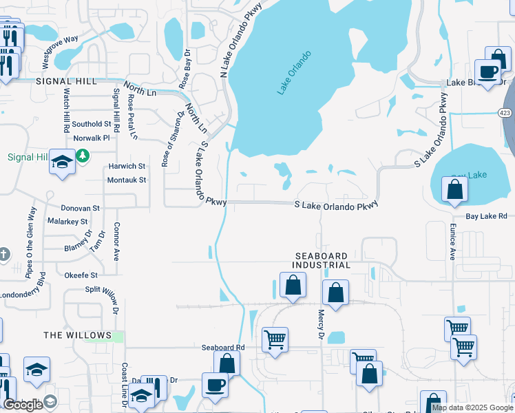 map of restaurants, bars, coffee shops, grocery stores, and more near 4414 South Lake Orlando Parkway in Orlando