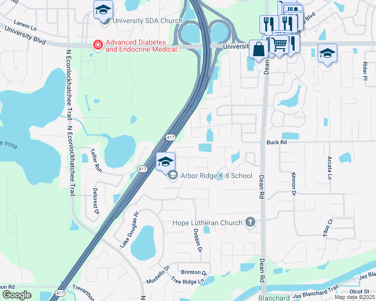 map of restaurants, bars, coffee shops, grocery stores, and more near 9530 Lingwood Trail in Orlando