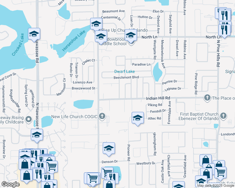 map of restaurants, bars, coffee shops, grocery stores, and more near 3640 Ranchwood Road in Orlando