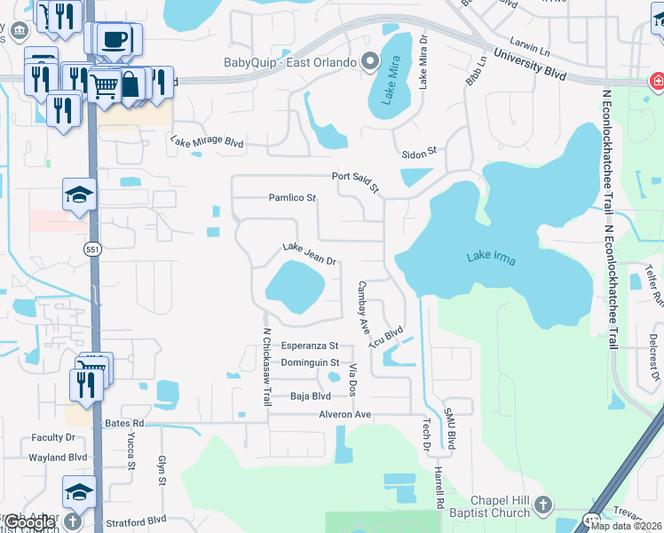 map of restaurants, bars, coffee shops, grocery stores, and more near 3056 Lake Jean Drive in Orlando