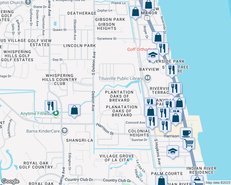 map of restaurants, bars, coffee shops, grocery stores, and more near 188 Macon Drive in Titusville