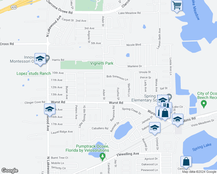 map of restaurants, bars, coffee shops, grocery stores, and more near 489 Picwood Court in Ocoee