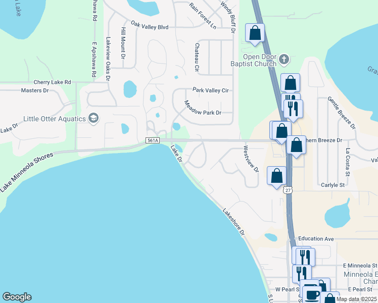 map of restaurants, bars, coffee shops, grocery stores, and more near 11717 Lake Drive in Clermont