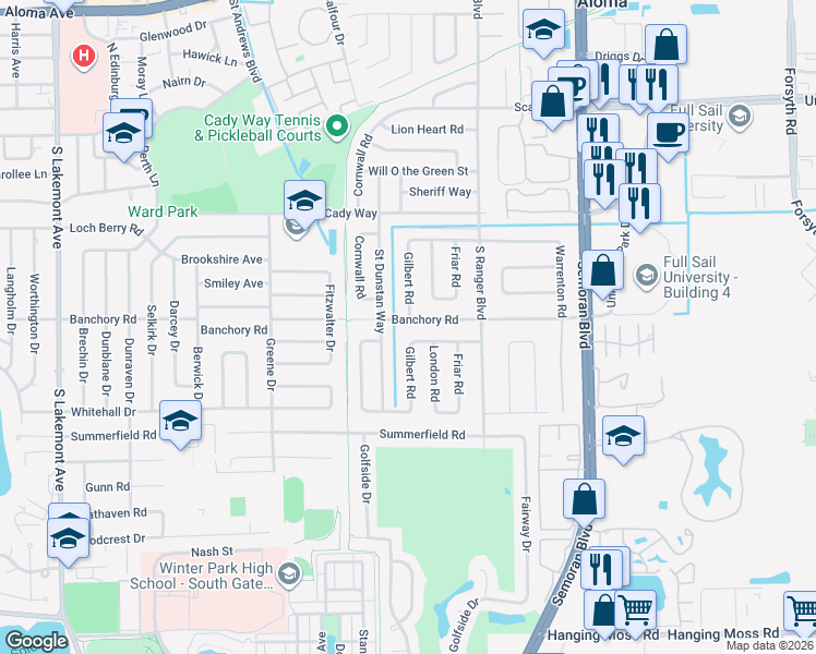 map of restaurants, bars, coffee shops, grocery stores, and more near 2773 Banchory Road in Winter Park