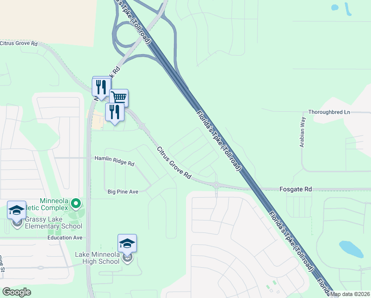 map of restaurants, bars, coffee shops, grocery stores, and more near Triple East Road in Clermont