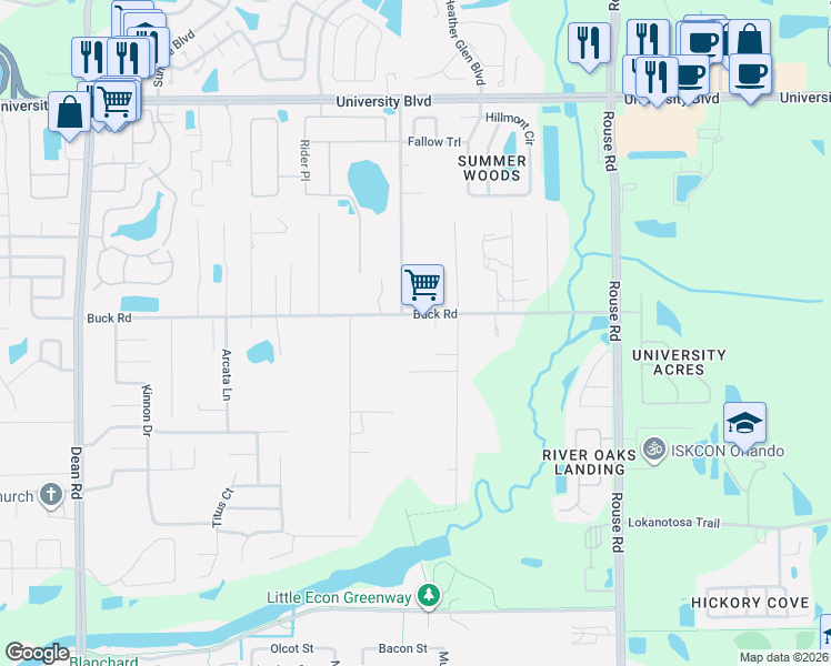 map of restaurants, bars, coffee shops, grocery stores, and more near 10604 Buck Road in Orlando