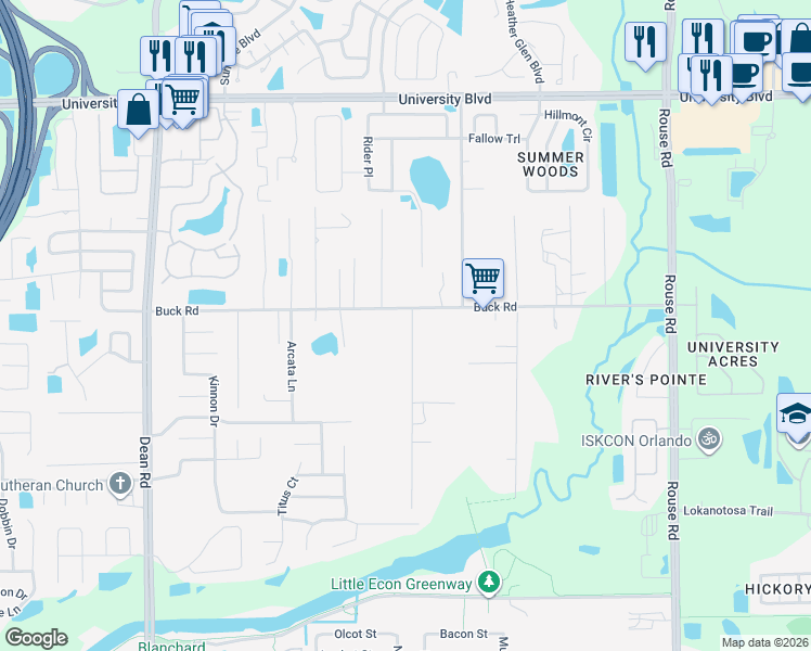 map of restaurants, bars, coffee shops, grocery stores, and more near 10418 Buck Road in Orlando