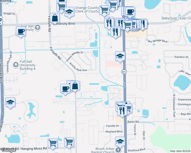 map of restaurants, bars, coffee shops, grocery stores, and more near 7250 Astro Street in Winter Park