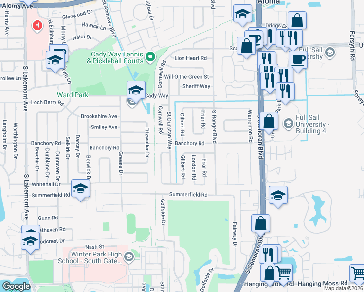 map of restaurants, bars, coffee shops, grocery stores, and more near 2773 Banchory Road in Winter Park