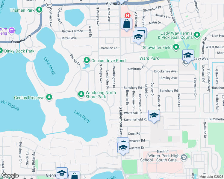 map of restaurants, bars, coffee shops, grocery stores, and more near 532 Worthington Drive in Winter Park