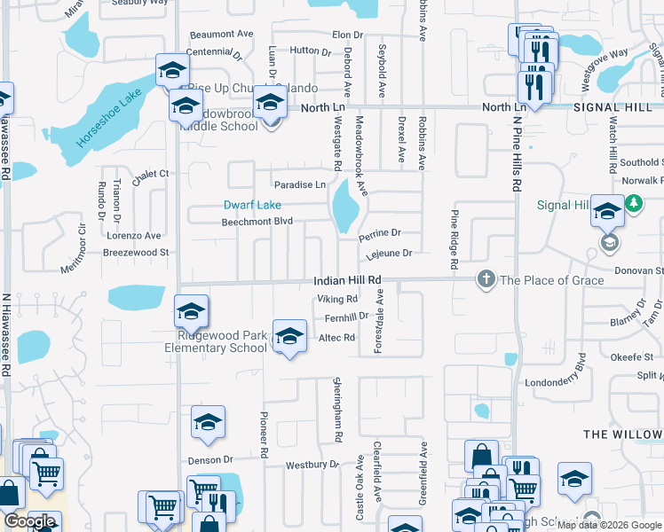 map of restaurants, bars, coffee shops, grocery stores, and more near 3704 Westgate Road in Orlando