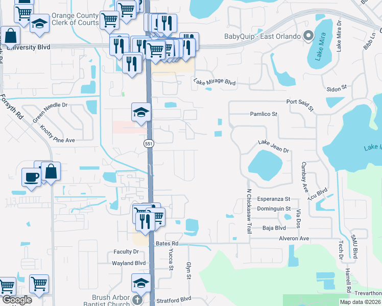 map of restaurants, bars, coffee shops, grocery stores, and more near 7545 Laurel Springs Drive in Winter Park