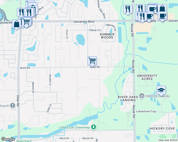 map of restaurants, bars, coffee shops, grocery stores, and more near 10604 Buck Road in Orlando