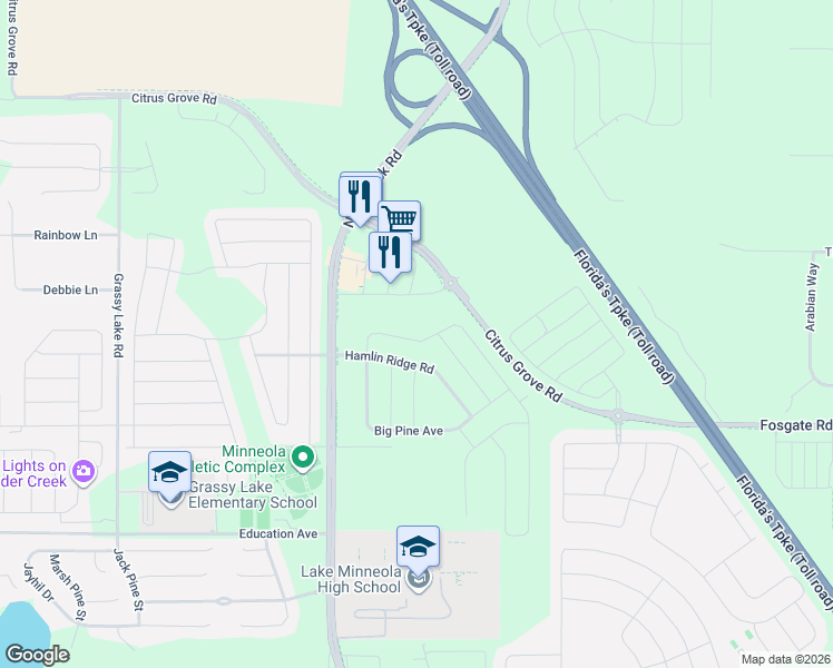 map of restaurants, bars, coffee shops, grocery stores, and more near Triple East Road in Clermont