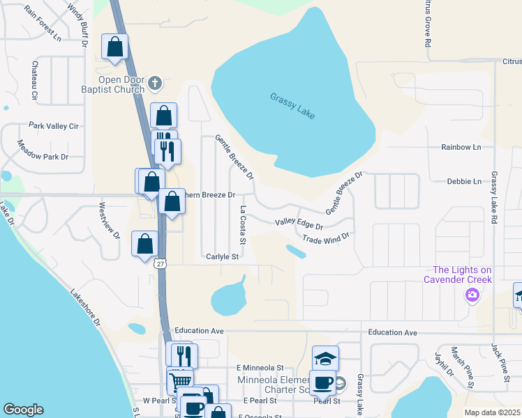 map of restaurants, bars, coffee shops, grocery stores, and more near 246 Gentle Breeze Drive in Minneola