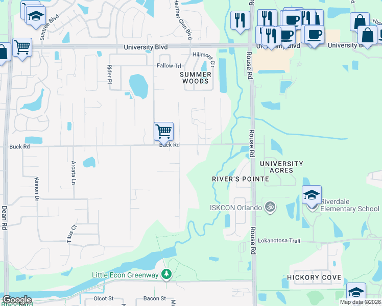 map of restaurants, bars, coffee shops, grocery stores, and more near 10736 Buck Road in Orlando