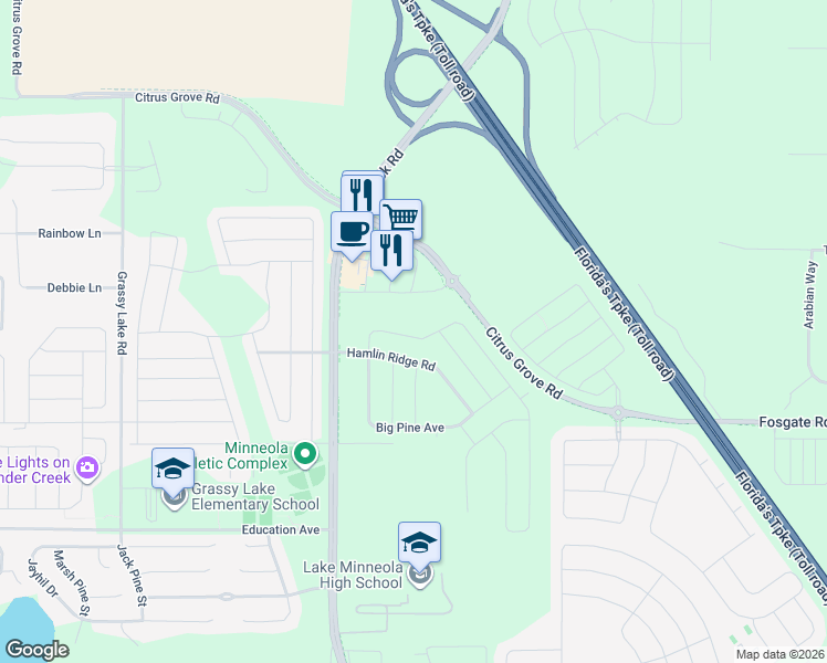 map of restaurants, bars, coffee shops, grocery stores, and more near Triple East Road in Clermont